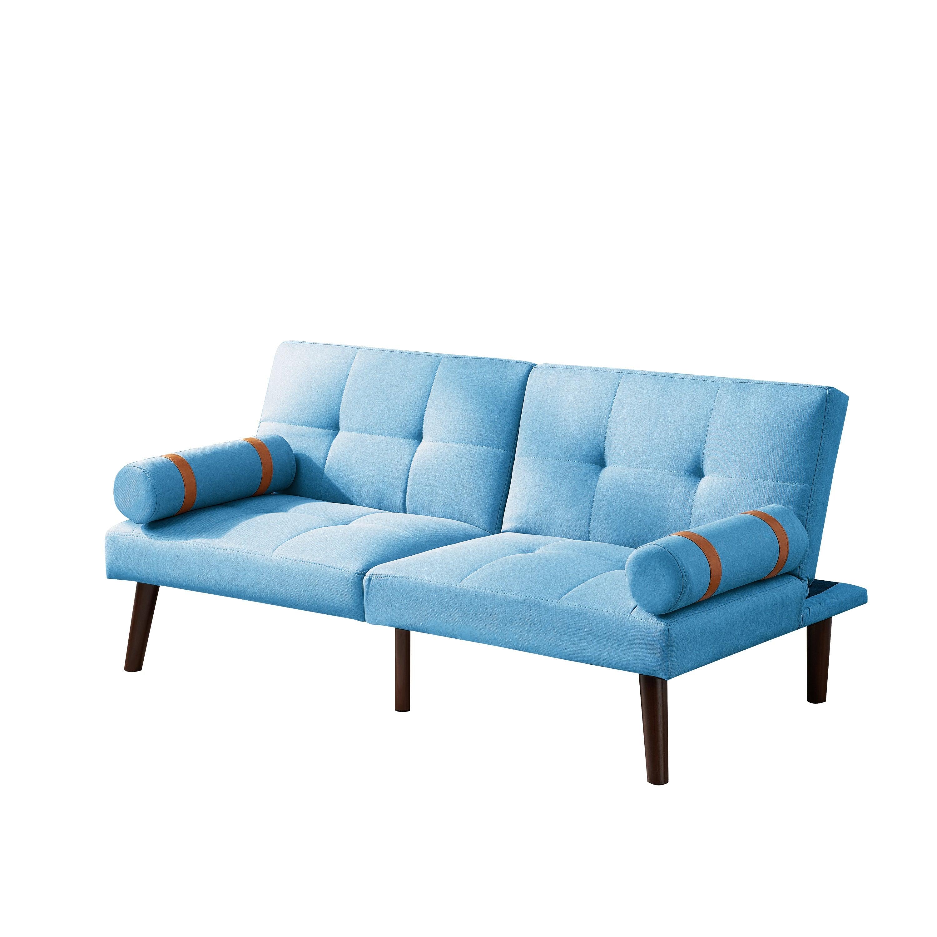 Convertible Sofa Bed Futon with Solid Wood Legs Linen Fabric, Blue LamCham