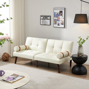 Convertible Sofa Bed Futon with Solid Wood Legs Linen Fabric, Ivory LamCham