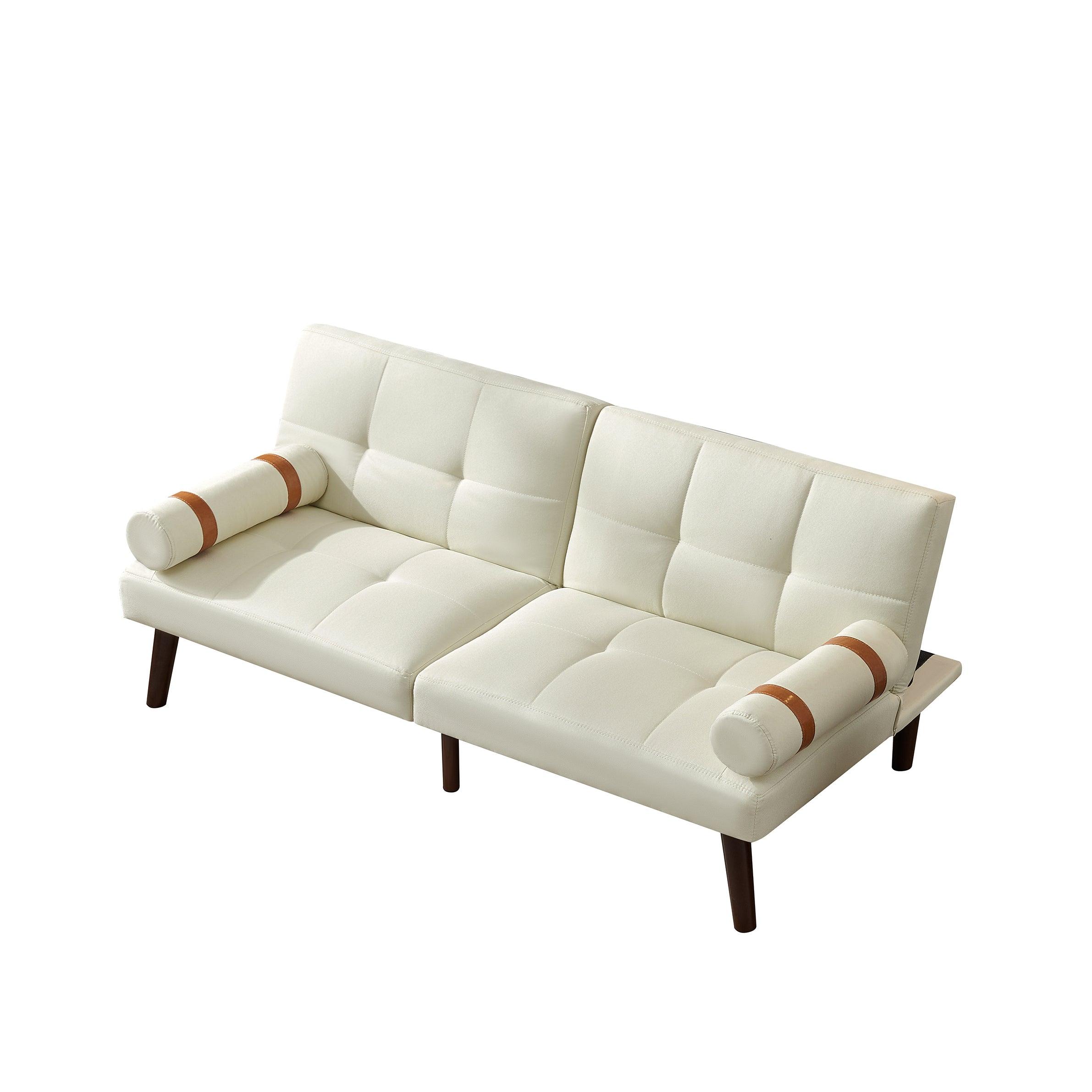 Convertible Sofa Bed Futon with Solid Wood Legs Linen Fabric, Ivory LamCham