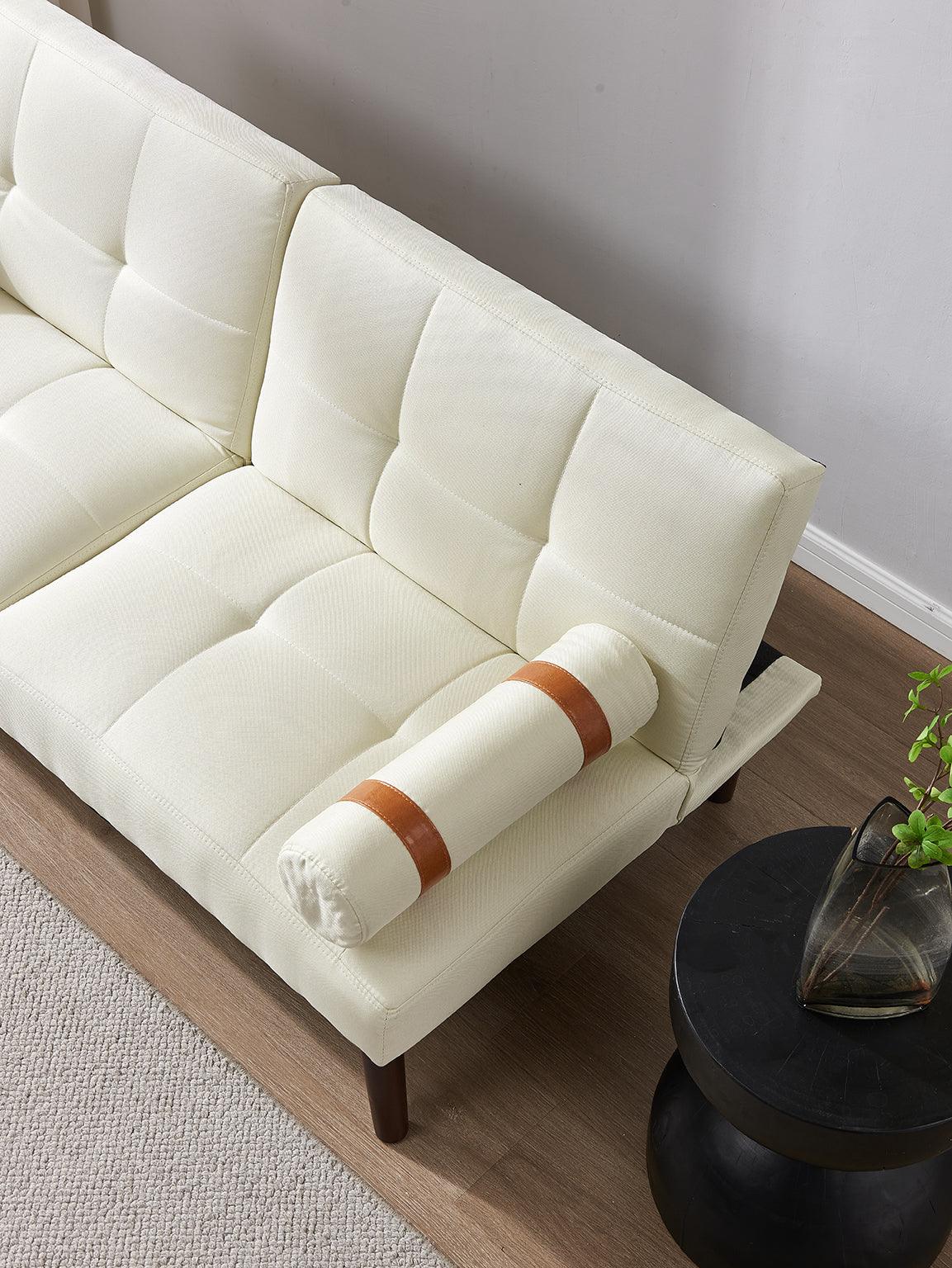 Convertible Sofa Bed Futon with Solid Wood Legs Linen Fabric, Ivory LamCham