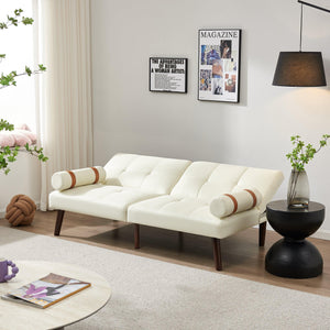 Convertible Sofa Bed Futon with Solid Wood Legs Linen Fabric, Ivory LamCham