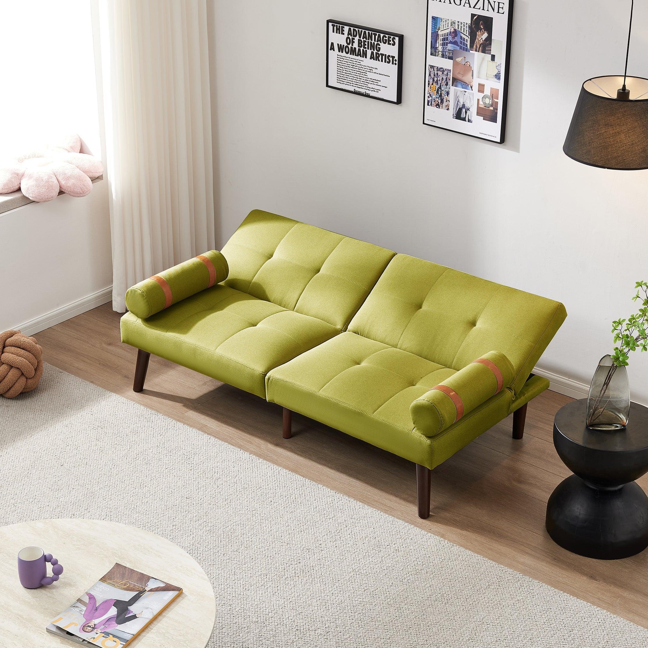 Convertible Sofa Bed Futon with Solid Wood Legs Linen Fabric, Musterd Green LamCham