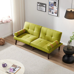 Convertible Sofa Bed Futon with Solid Wood Legs Linen Fabric, Musterd Green LamCham