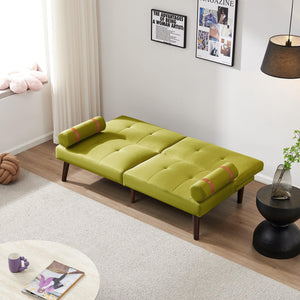 Convertible Sofa Bed Futon with Solid Wood Legs Linen Fabric, Musterd Green LamCham