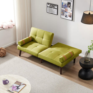 Convertible Sofa Bed Futon with Solid Wood Legs Linen Fabric, Musterd Green LamCham