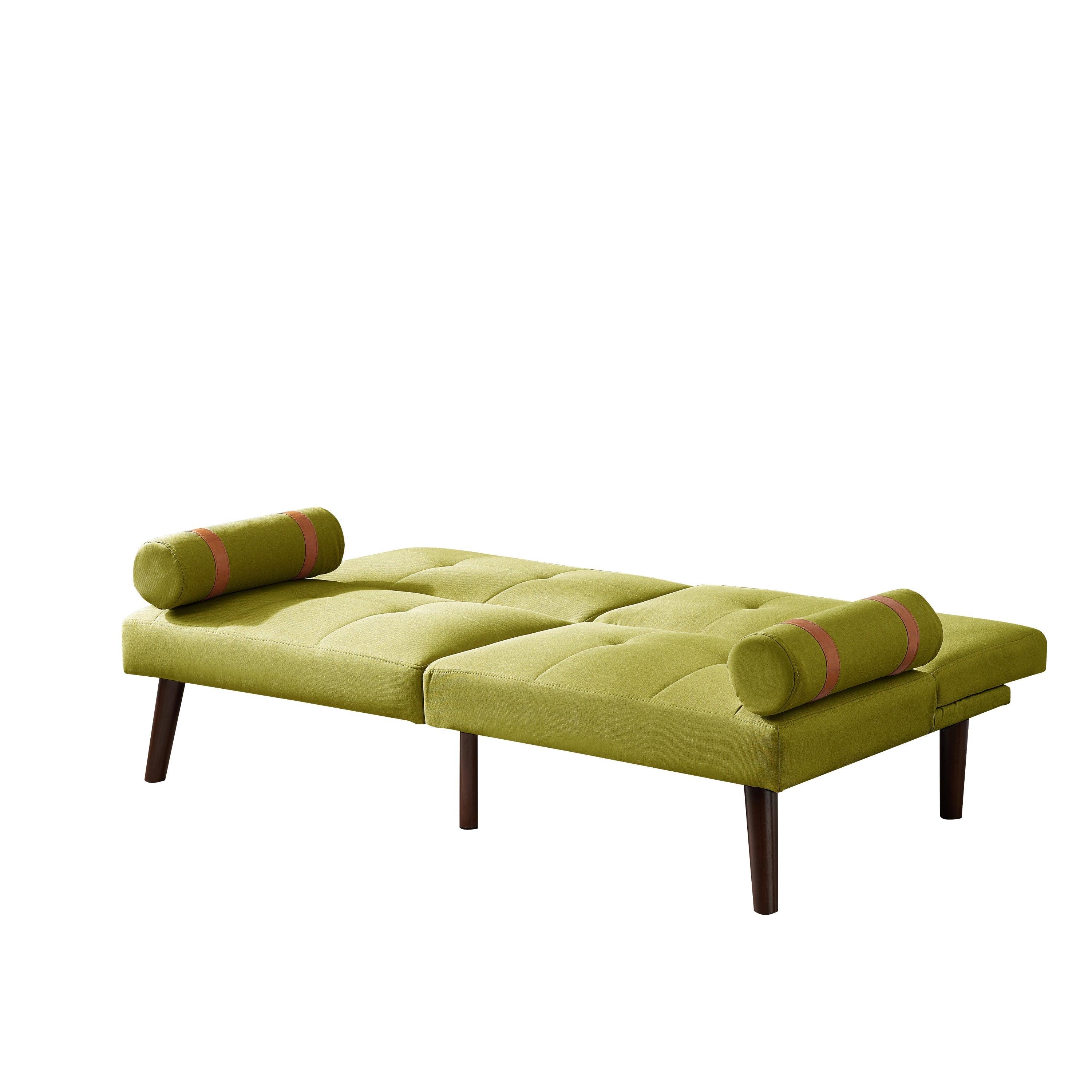 Convertible Sofa Bed Futon with Solid Wood Legs Linen Fabric, Musterd Green LamCham