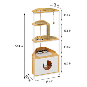 Corner Cat Tower, Cat Tree with Scratching Post, Cat Condo with Feeding Station and Climbing Platforms LamCham