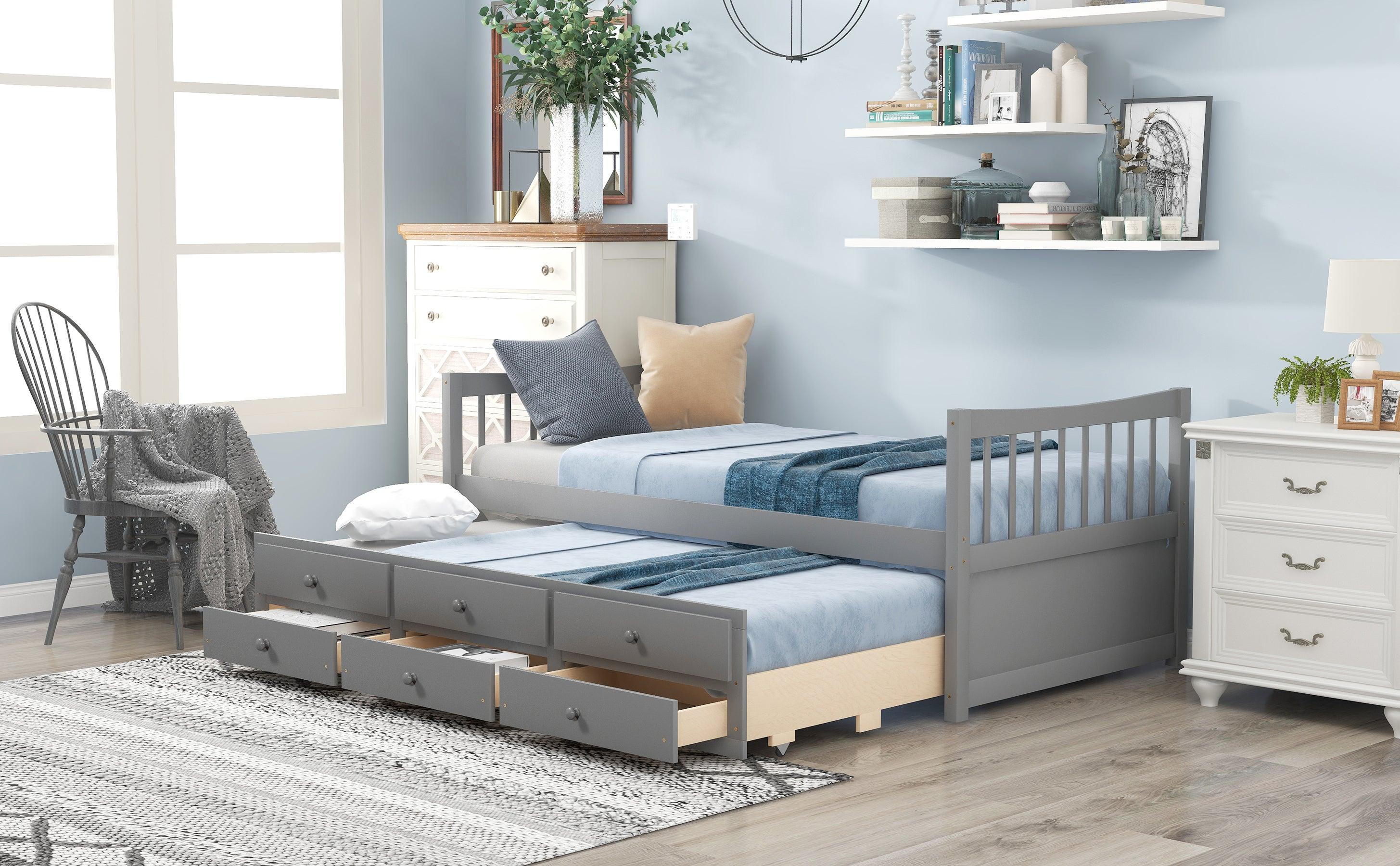 Daybed With Trundle And Drawers, Twin Size, Gray LamCham