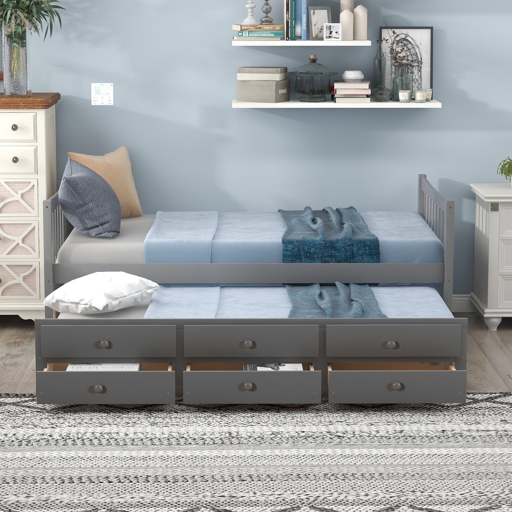 Daybed With Trundle And Drawers, Twin Size, Gray LamCham