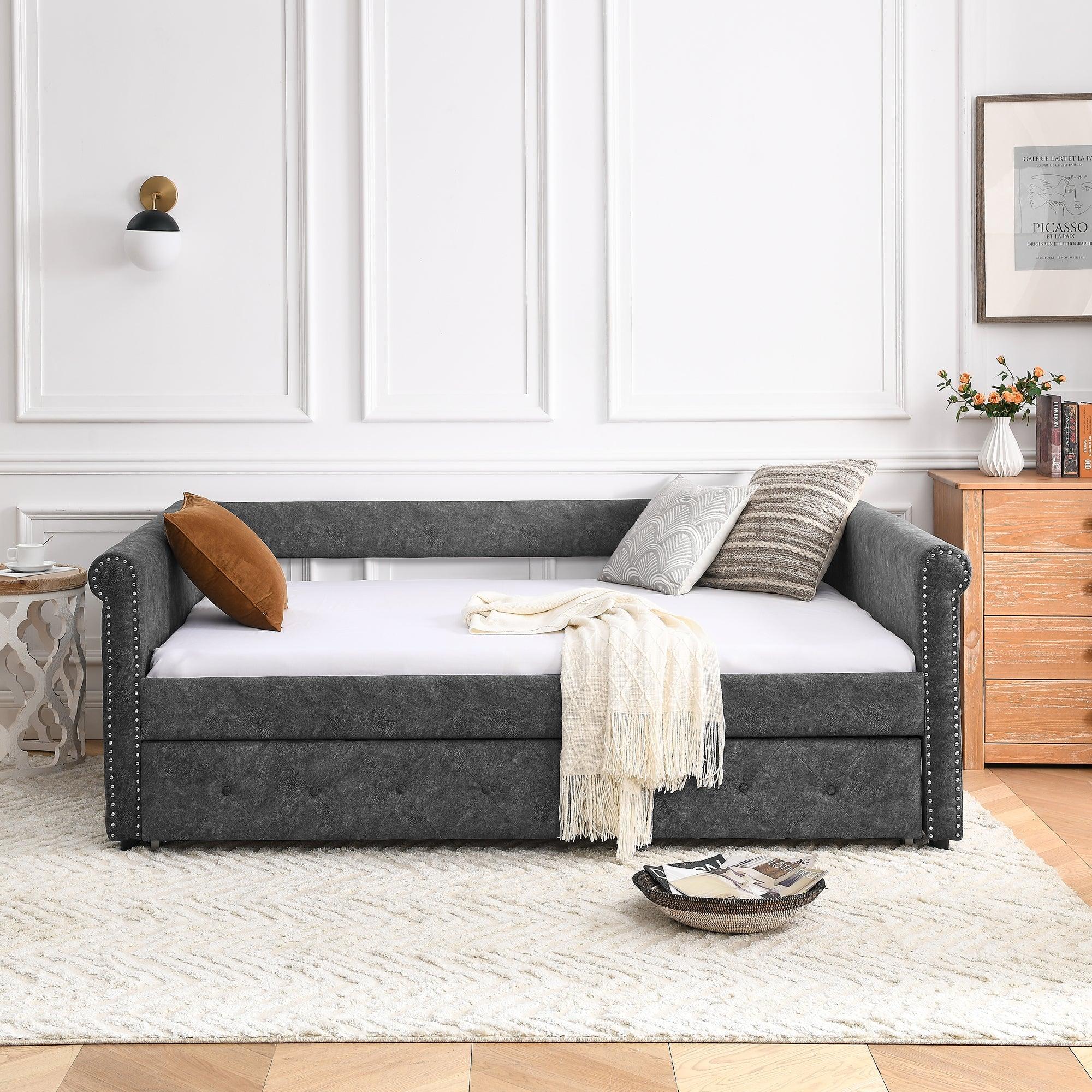 Daybed With Trundle Upholstered Tufted Sofa Bed, With Button And Copper Nail On Arms, Full Daybed & Twin Trundle, Gray (85.5“X57”X30.5“? LamCham