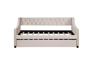 Daybed With Trundle Upholstered Tufted Sofa Bed, With Button And Copper Nail On Arms Full Size Beige LamCham