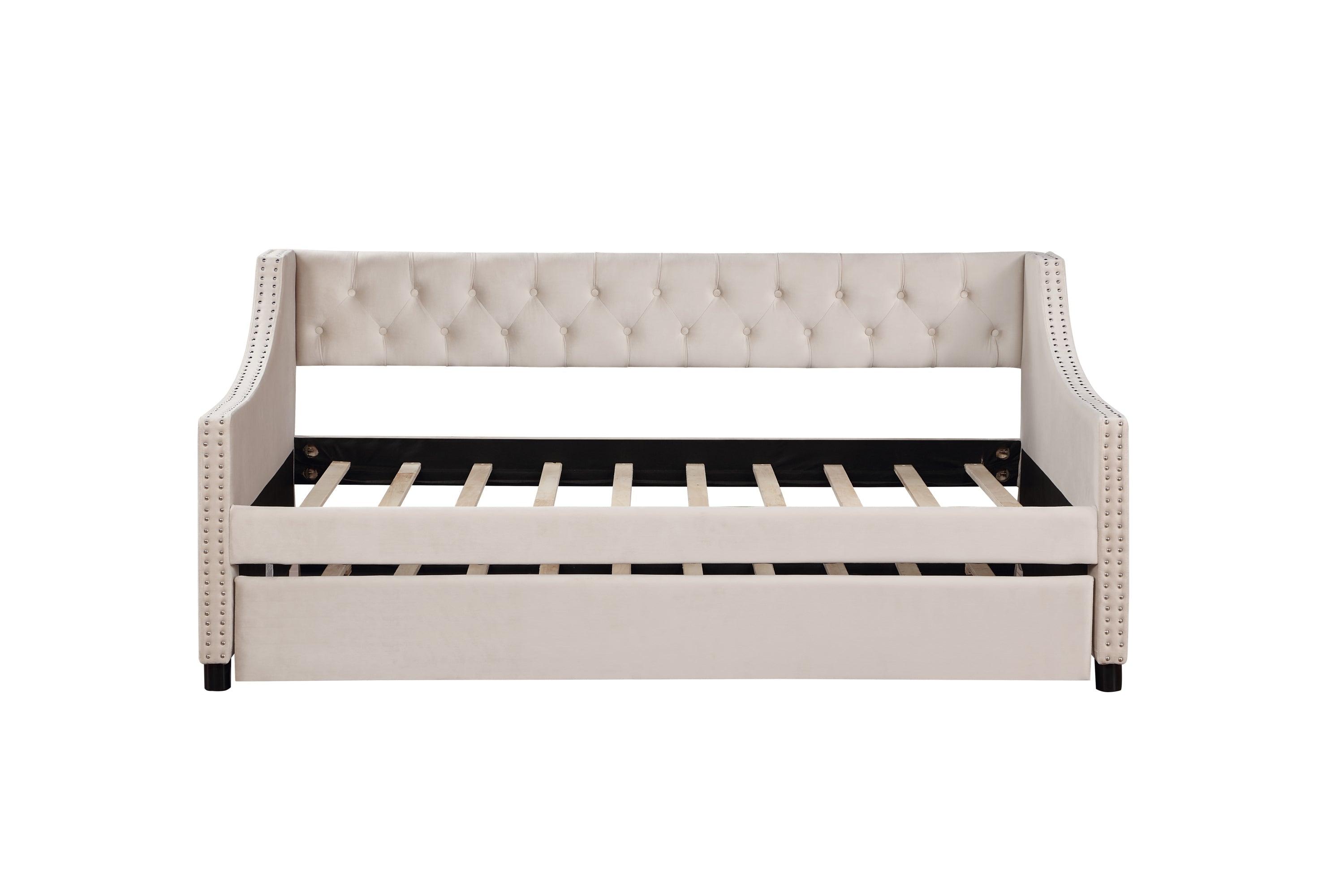 Daybed With Trundle Upholstered Tufted Sofa Bed, With Button And Copper Nail On Arms Full Size Beige LamCham