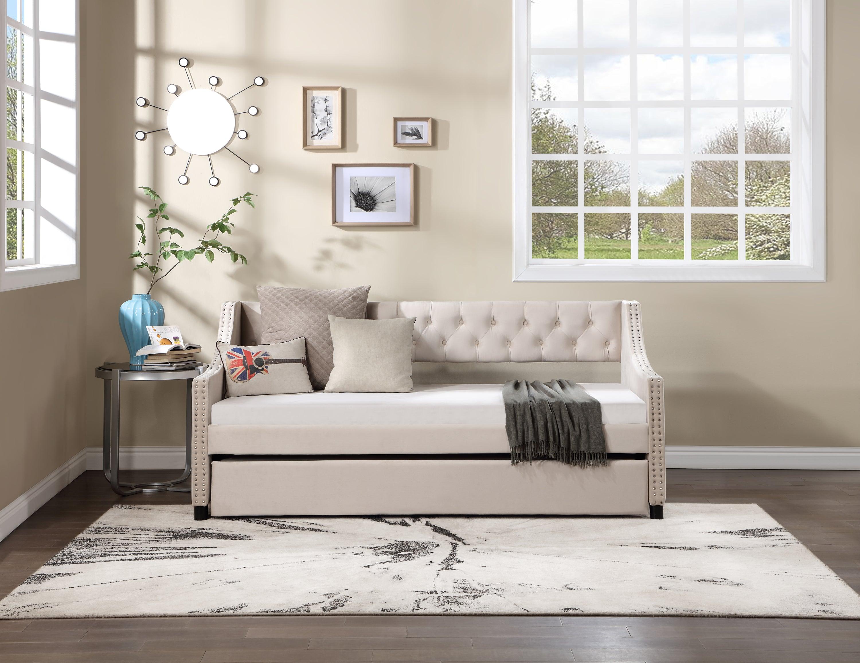 Daybed With Trundle Upholstered Tufted Sofa Bed, With Button And Copper Nail On Arms Full Size Beige LamCham