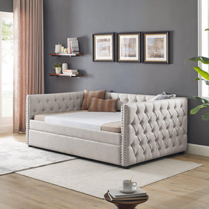 Daybed With Trundle Upholstered Tufted Sofa Bed, With Button And Copper Nail On Square Arms?Full Daybed & Twin Trundle, Beige?85“X57”X31.5“? LamCham