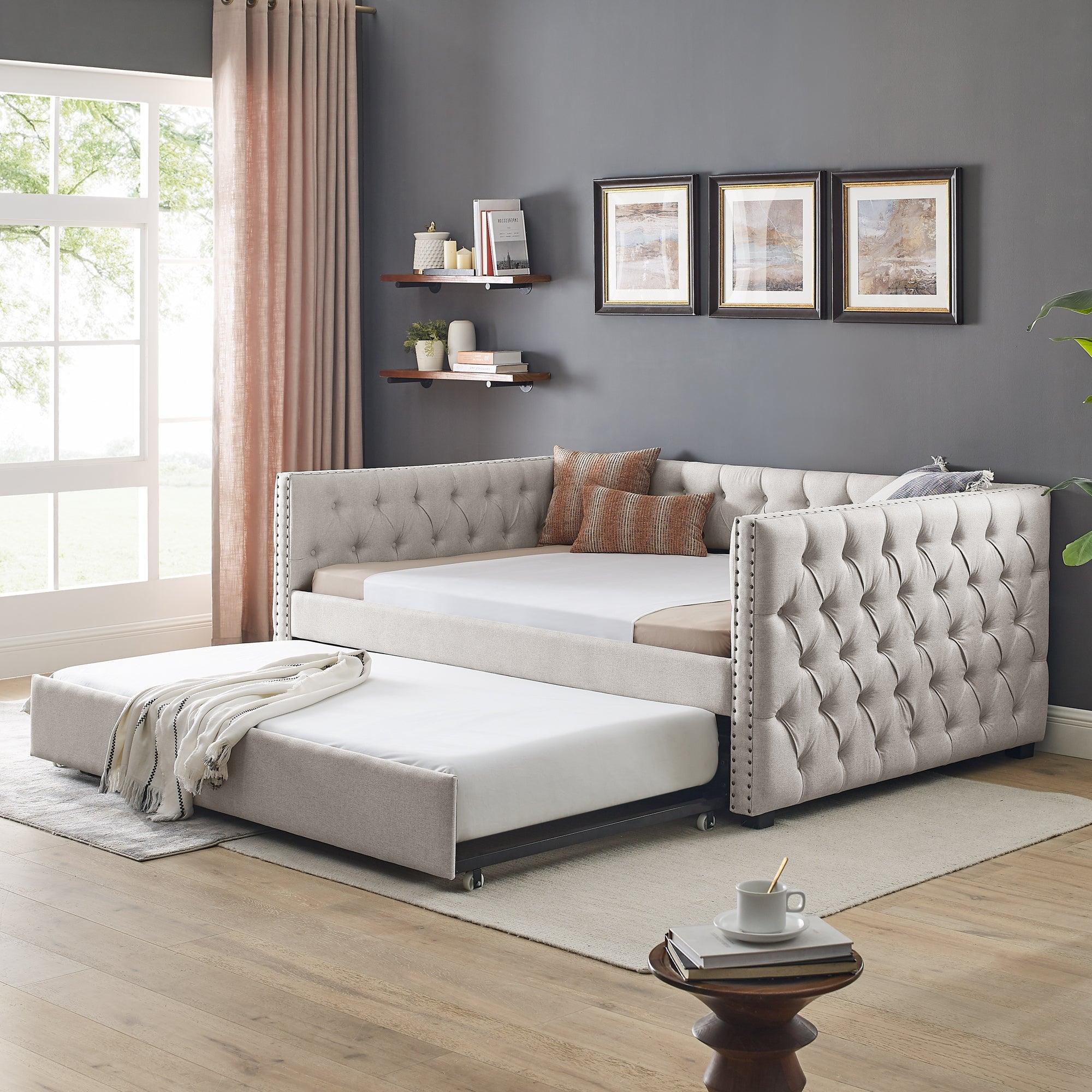 Daybed With Trundle Upholstered Tufted Sofa Bed, With Button And Copper Nail On Square Arms?Full Daybed & Twin Trundle, Beige?85“X57”X31.5“? LamCham