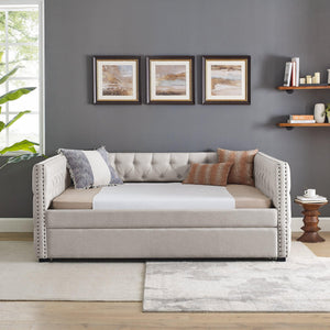 Daybed With Trundle Upholstered Tufted Sofa Bed, With Button And Copper Nail On Square Arms?Full Daybed & Twin Trundle, Beige?85“X57”X31.5“? LamCham