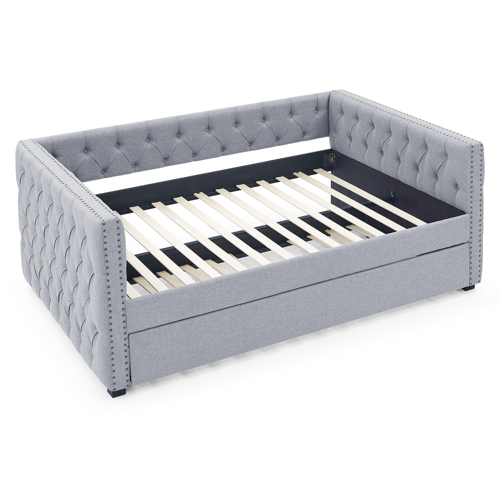 Daybed With Trundle Upholstered Tufted Sofa Bed, With Button And Copper Nail On Square Arms?Full Daybed & Twin Trundle, Gray?85“X57”X31.5“? LamCham