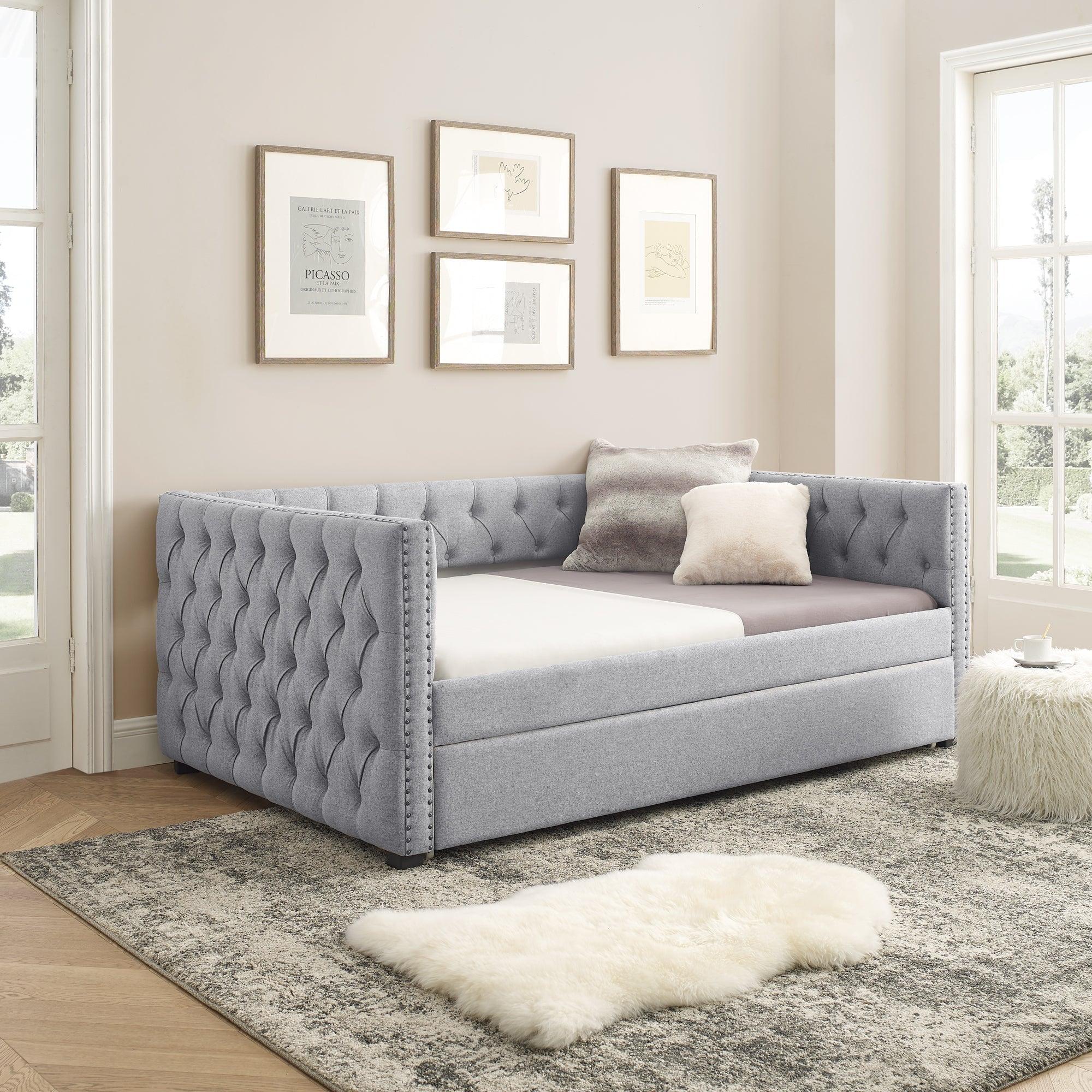 Daybed With Trundle Upholstered Tufted Sofa Bed, With Button And Copper Nail On Square Arms?Full Daybed & Twin Trundle, Gray?85“X57”X31.5“? LamCham