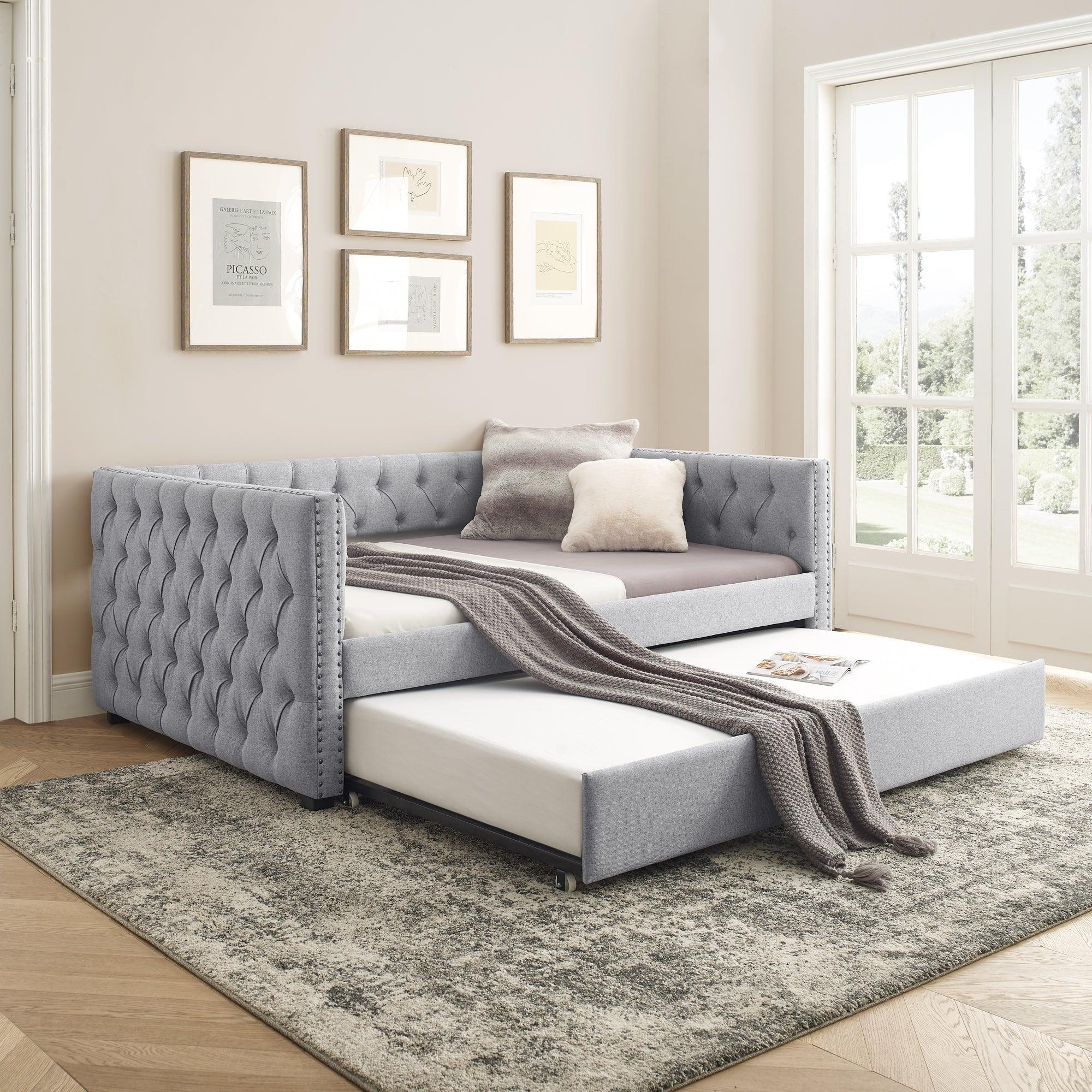 Daybed With Trundle Upholstered Tufted Sofa Bed, With Button And Copper Nail On Square Arms?Full Daybed & Twin Trundle, Gray?85“X57”X31.5“? LamCham