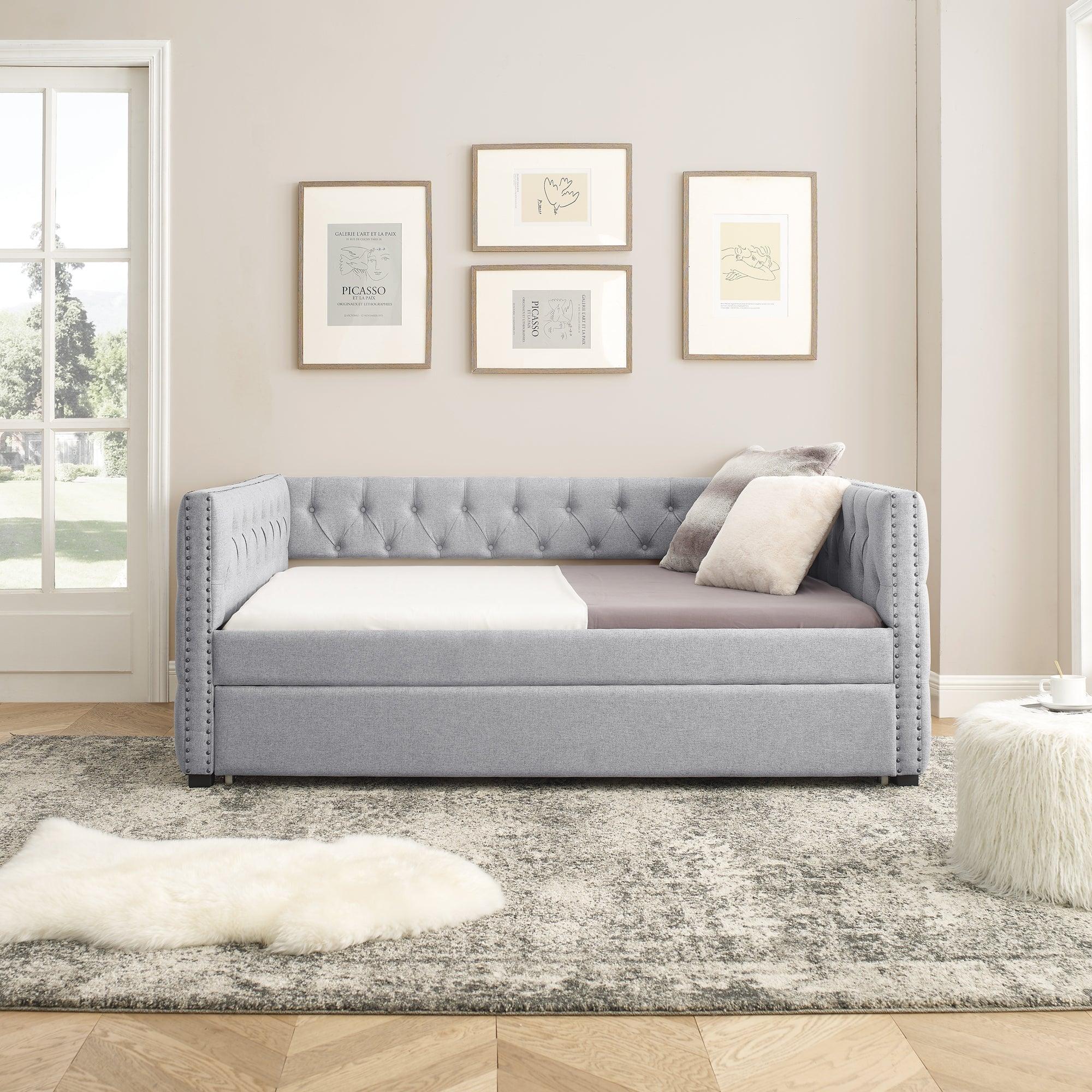 Daybed With Trundle Upholstered Tufted Sofa Bed, With Button And Copper Nail On Square Arms?Full Daybed & Twin Trundle, Gray?85“X57”X31.5“? LamCham