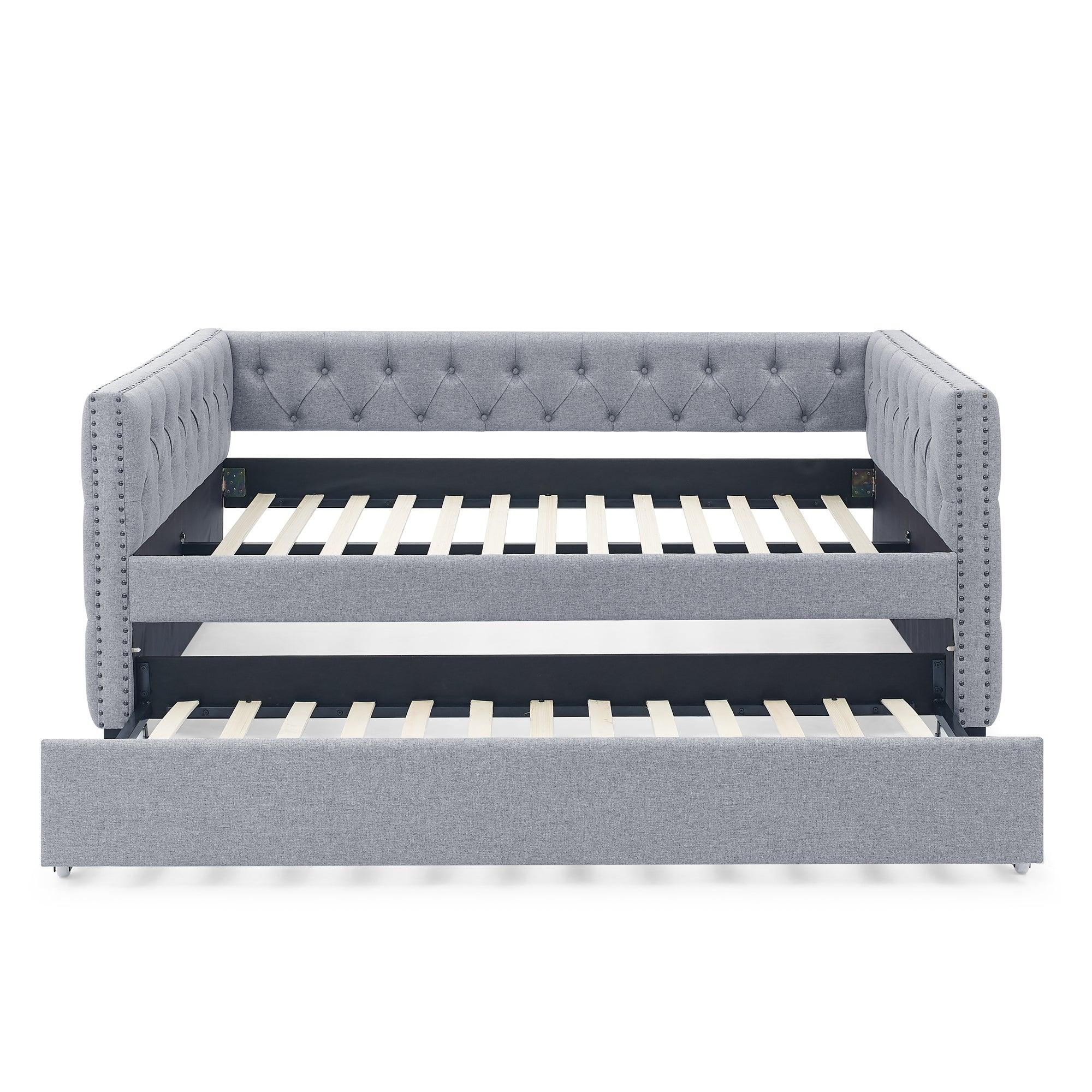 Daybed With Trundle Upholstered Tufted Sofa Bed, With Button And Copper Nail On Square Arms?Full Daybed & Twin Trundle, Gray?85“X57”X31.5“? LamCham