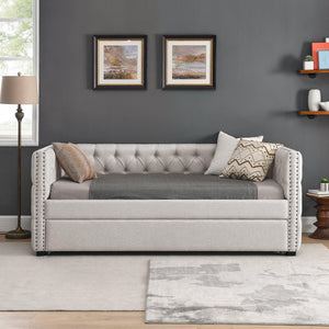 Daybed With Trundle Upholstered Tufted Sofa Bed, With Button And Copper Nail On Square Arms, Twin Size, Beige?85“X42.5”X31.5“? LamCham