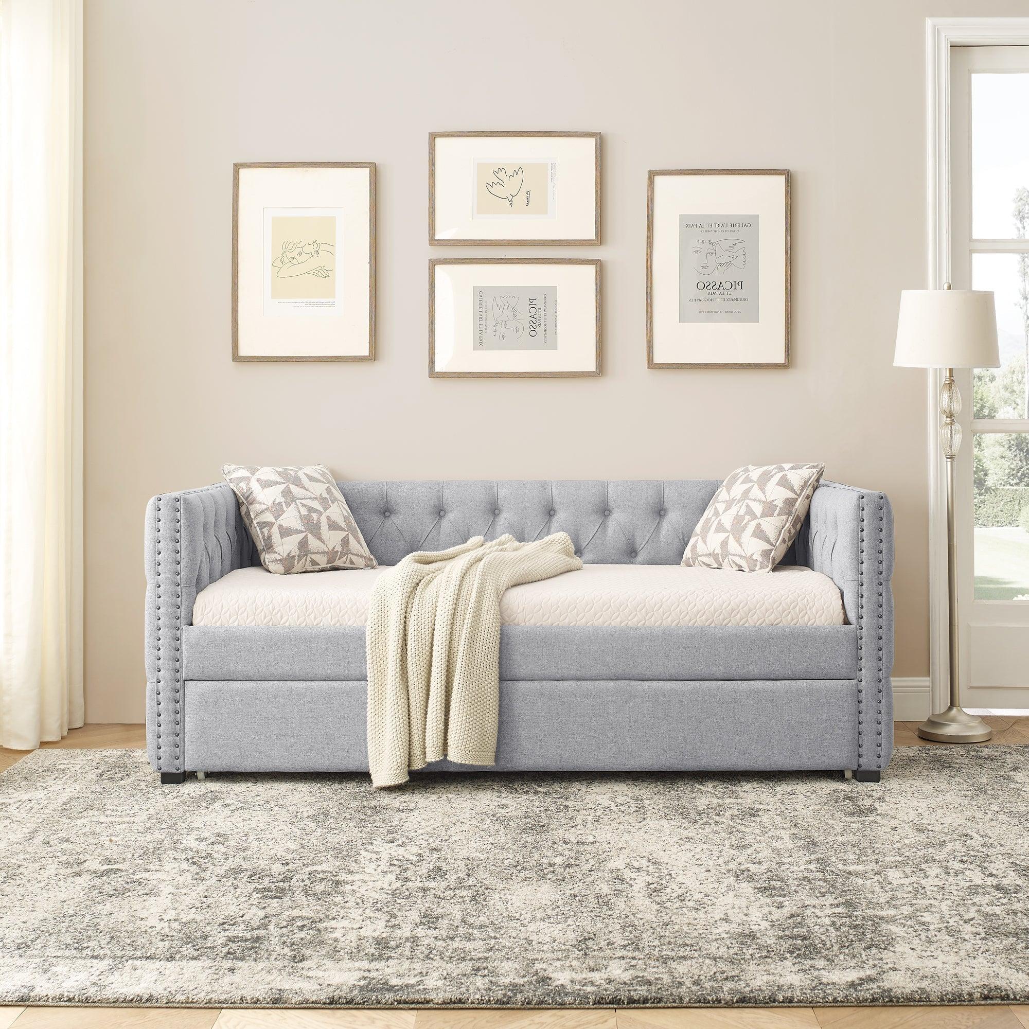 Daybed With Trundle Upholstered Tufted Sofa Bed, With Button And Copper Nail On Square Arms, Twin Size, Gray LamCham