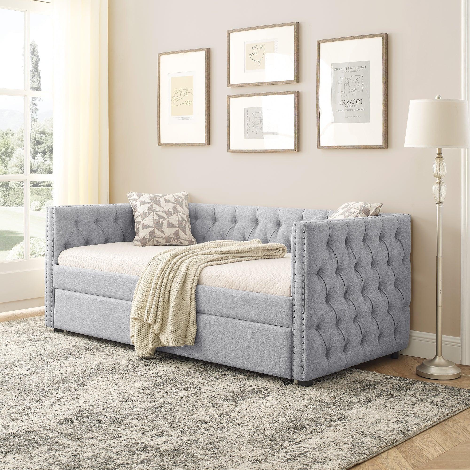Daybed With Trundle Upholstered Tufted Sofa Bed, With Button And Copper Nail On Square Arms, Twin Size, Gray LamCham