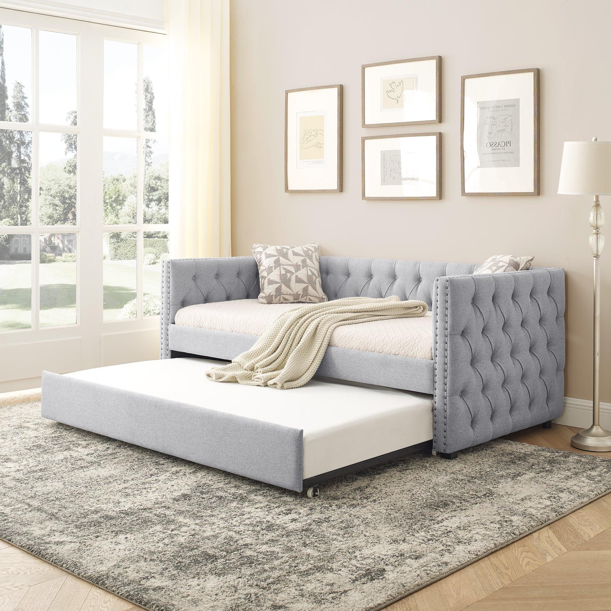 Daybed With Trundle Upholstered Tufted Sofa Bed, With Button And Copper Nail On Square Arms, Twin Size, Gray LamCham