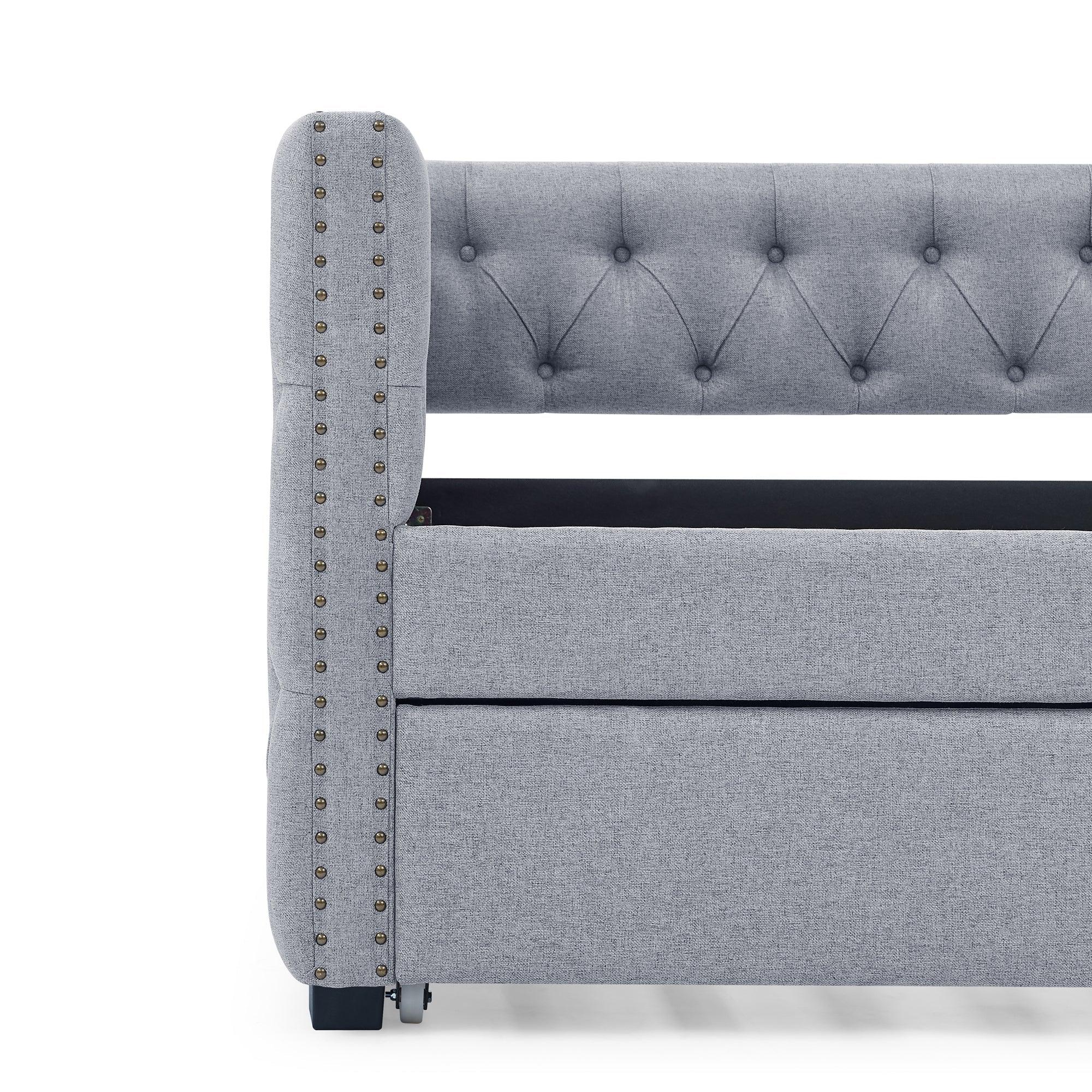 Daybed With Trundle Upholstered Tufted Sofa Bed, With Button And Copper Nail On Square Arms, Twin Size, Gray LamCham