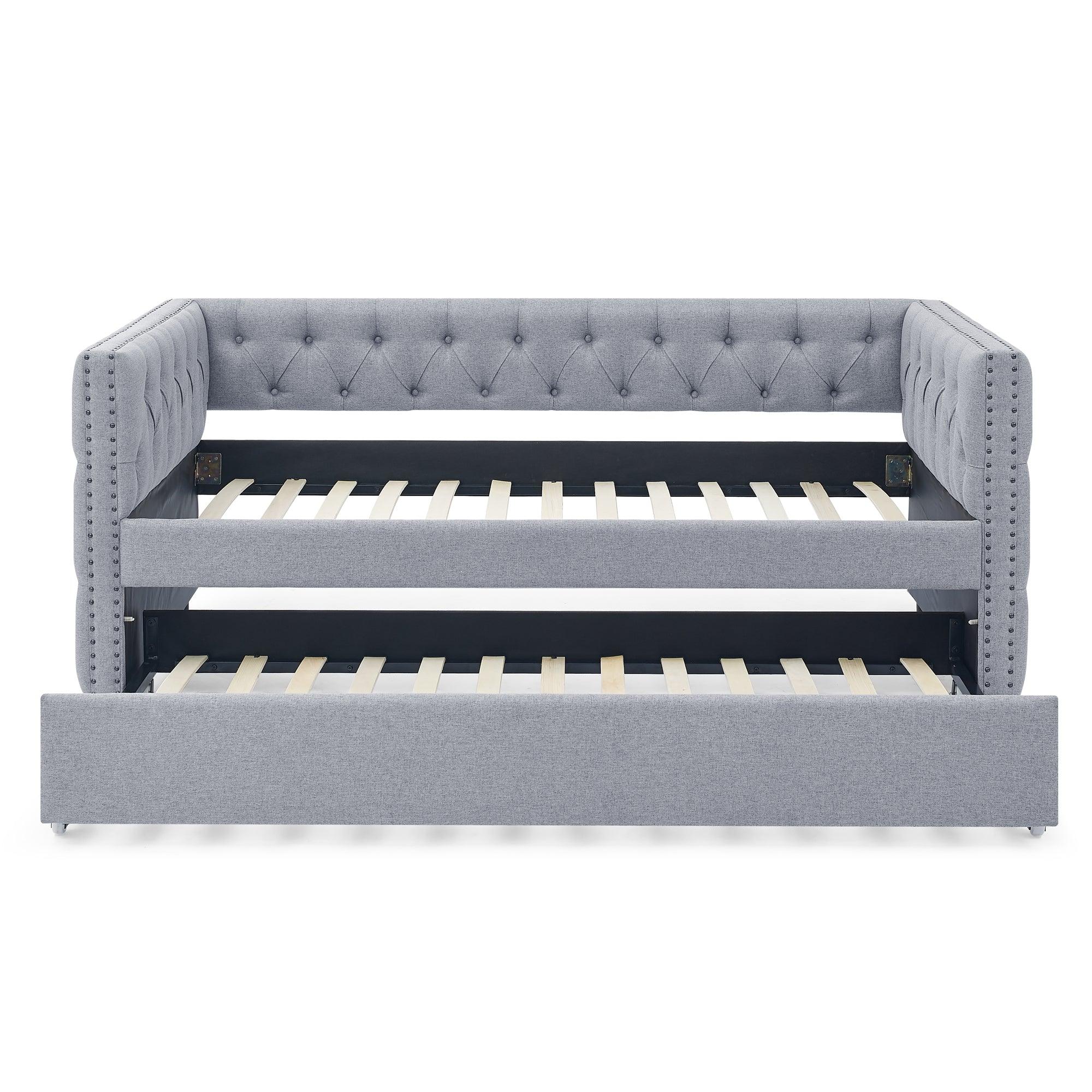 Daybed With Trundle Upholstered Tufted Sofa Bed, With Button And Copper Nail On Square Arms, Twin Size, Gray LamCham