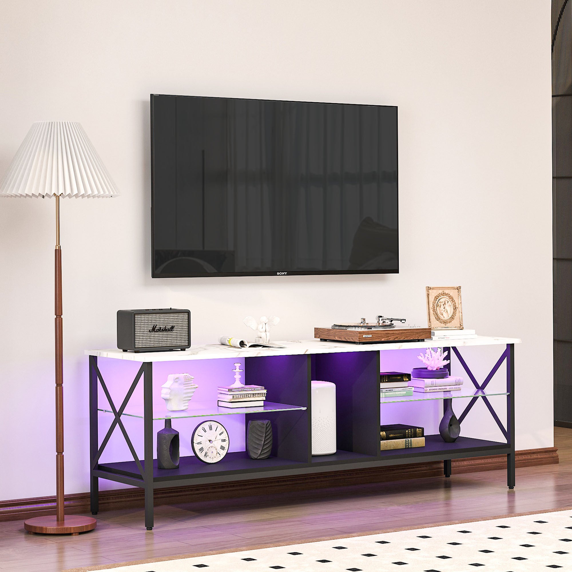 TV Stand, Iron TV Cabinet, Entertainment Center, TV Set, Media Console, With Led Lights, Remote Control, Toughened Glass Stand, Can Be Placed In The Living Room, Bedroom, Color:White With Marble Texture