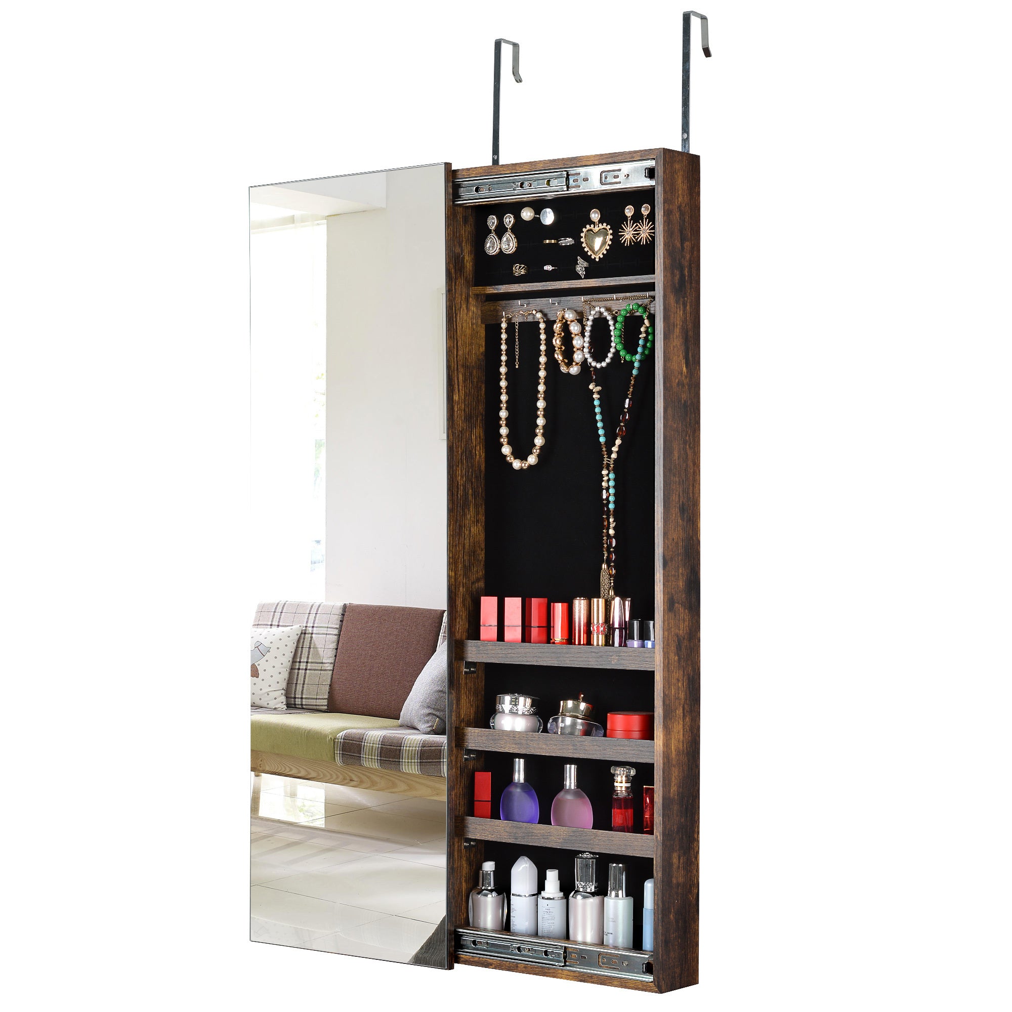 🆓🚛 Full Mirror Jewelry Storage Cabinet With With Slide Rail Can Be Hung On The Door Or Wall