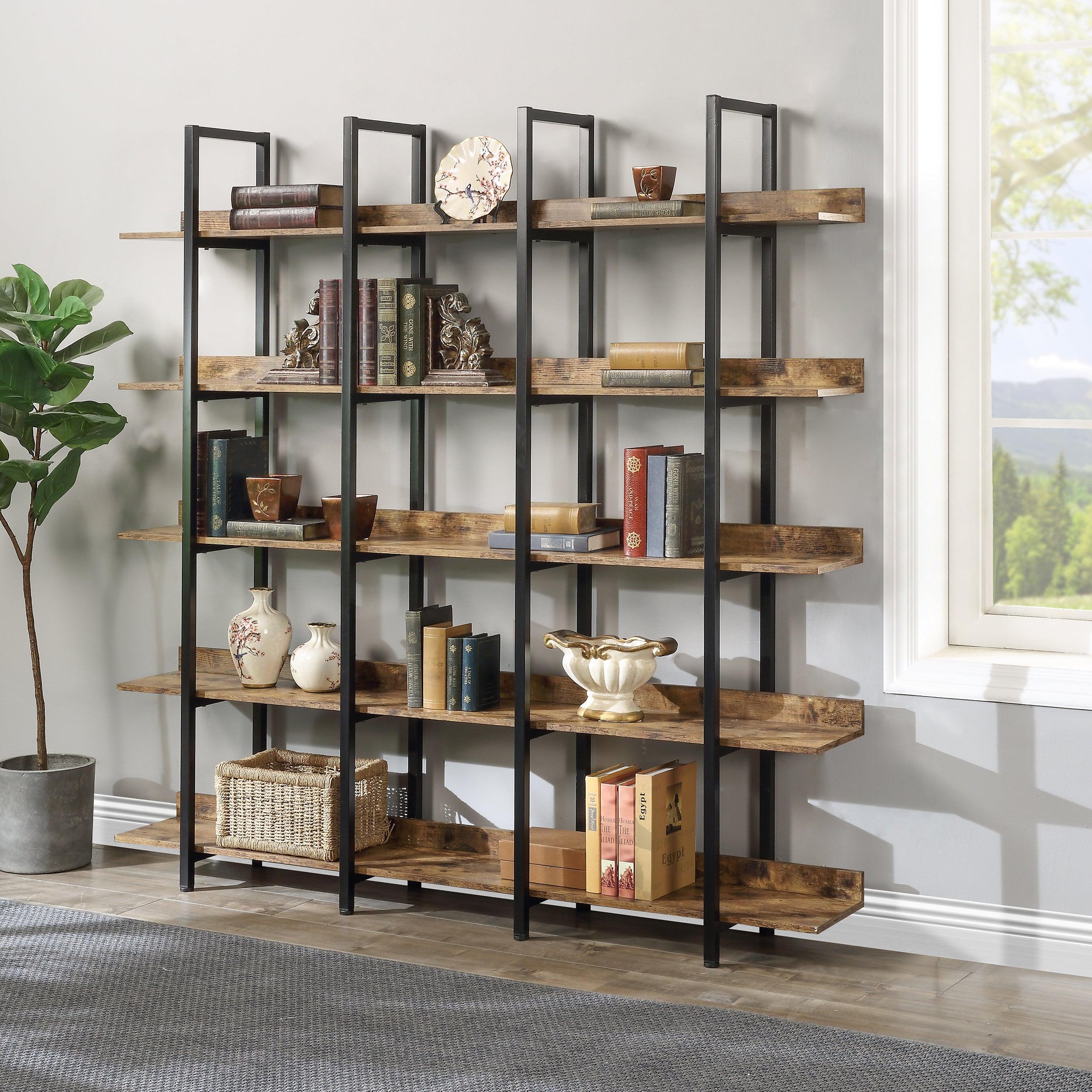 🆓🚛 5 Tier Bookcase Home Office Open Bookshelf, Vintage Industrial Style Shelf With Metal Frame, Brown