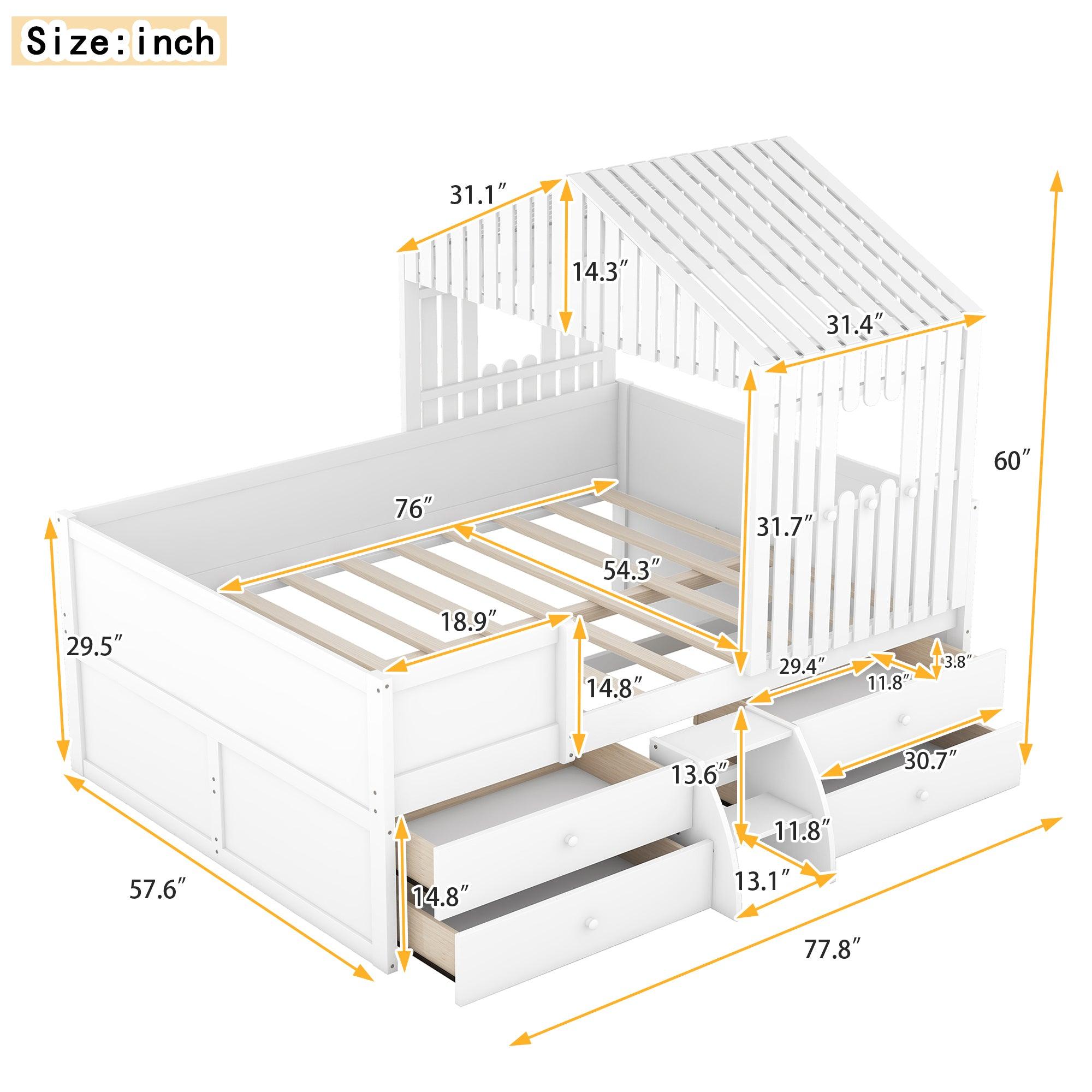 Full Size House Low Loft Bed with Four Drawers, White