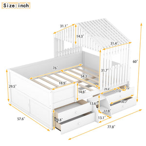 Full Size House Low Loft Bed with Four Drawers, White