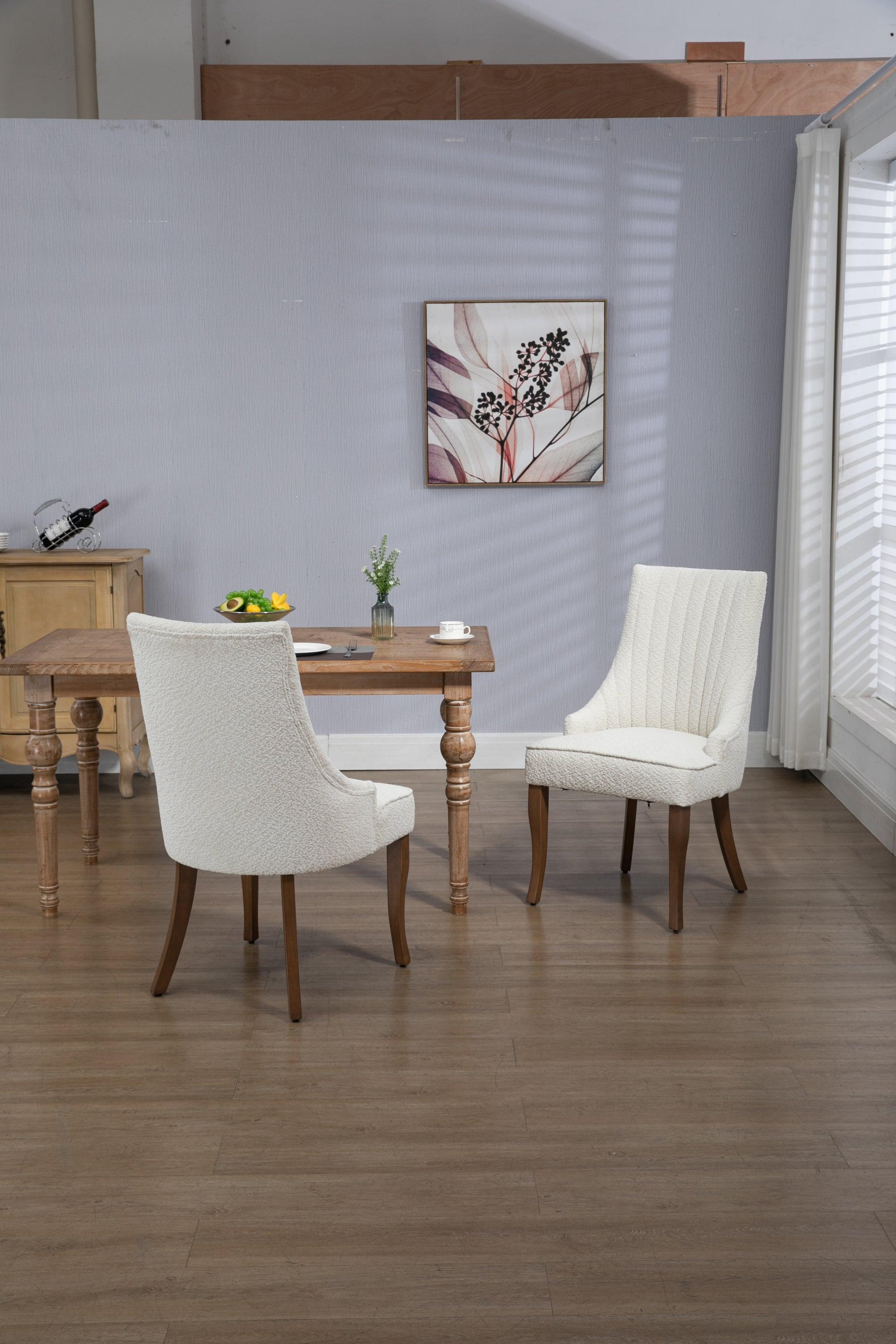 Exquisite White Boucle Upholstered Strip Back Dining Chair with Solid Wood Legs 2 Pcs