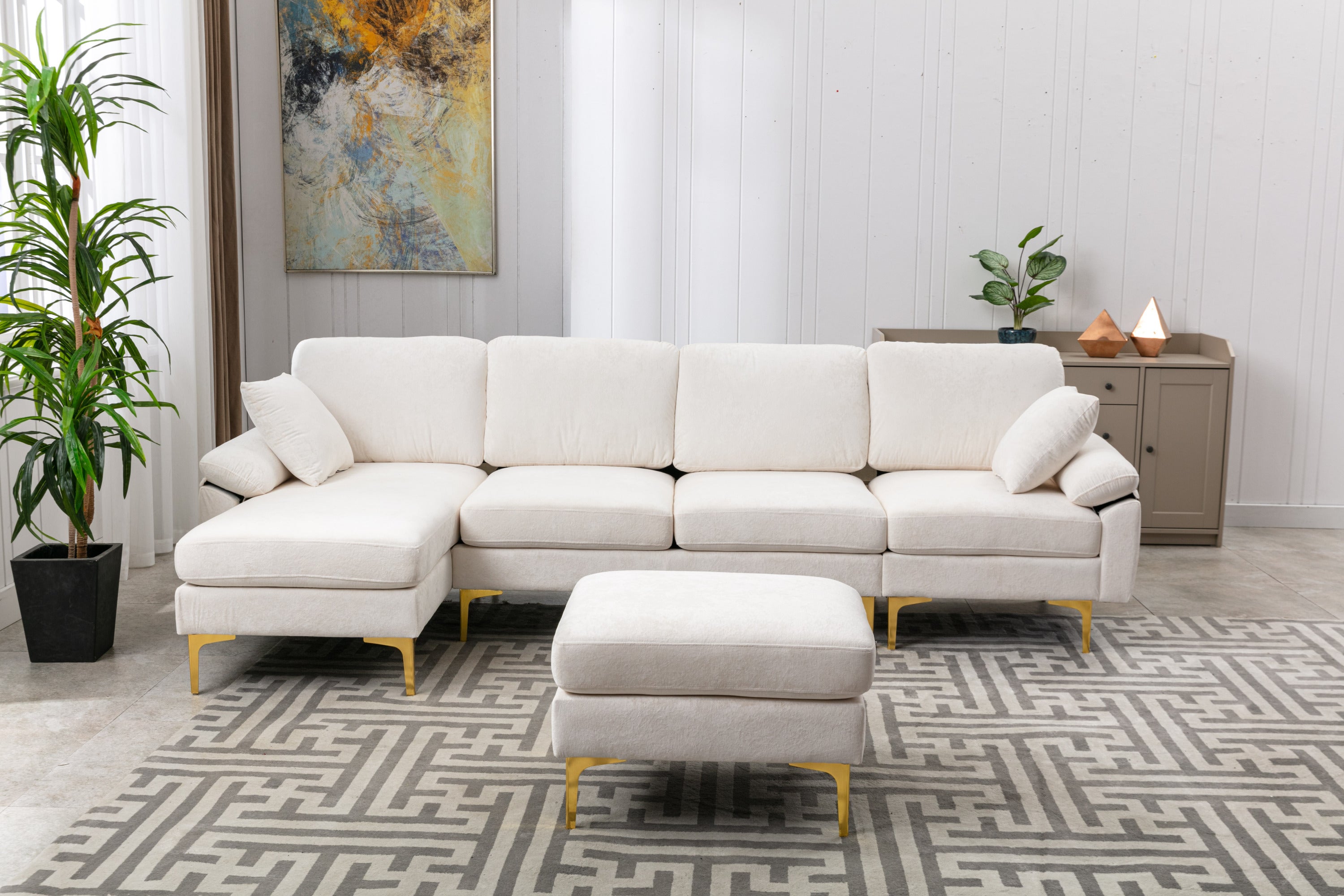 🆓🚛 114" Convertible L-Shaped Sectional Sofa with Movable Ottoman, Upholstered Accent Sofa with 2 Pillows and Golden Metal Legs, White