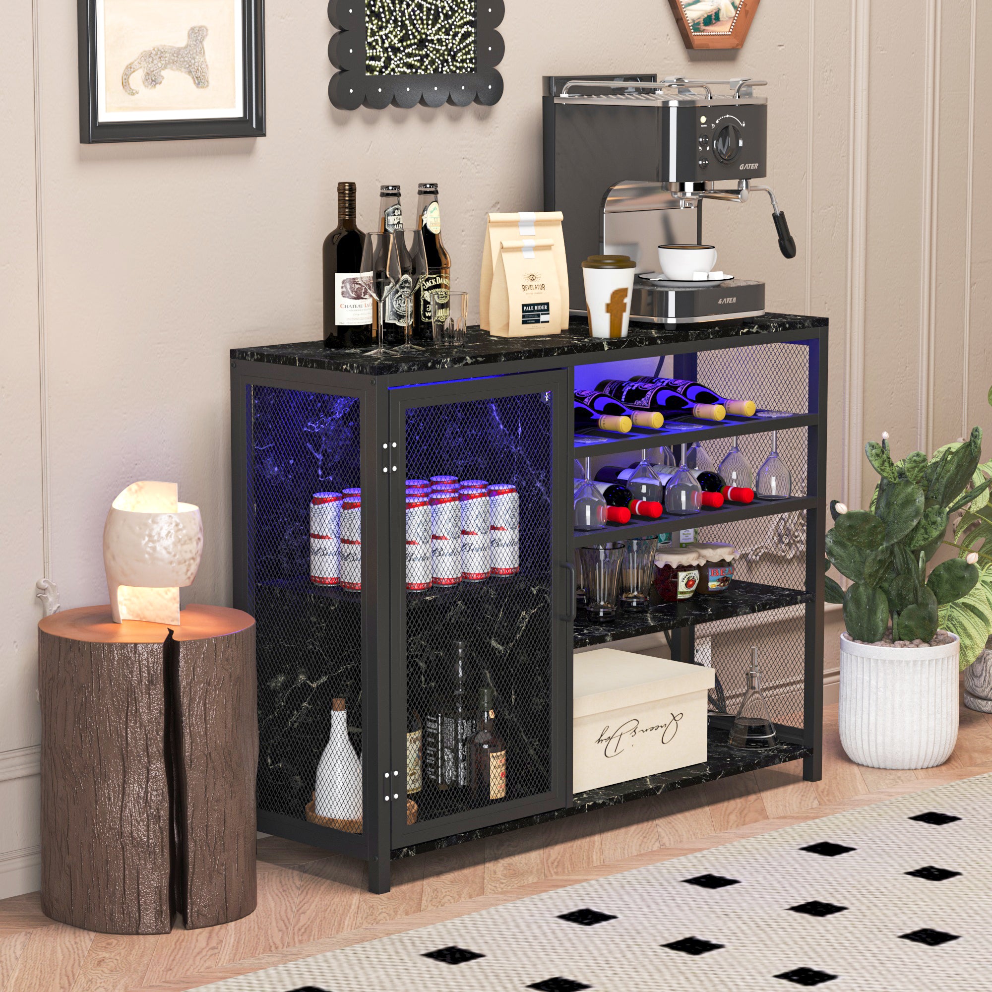 🆓🚛 Wine Bar Cabinet, Liquor Storage Credenza, Sideboard With Wine Racks & Stemware Holder, With USB Socket, Metal Bracket, Black + Marble Texture