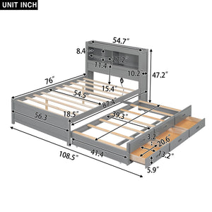 Full Size platform bed with trundle, drawers and USB plugs, Gray