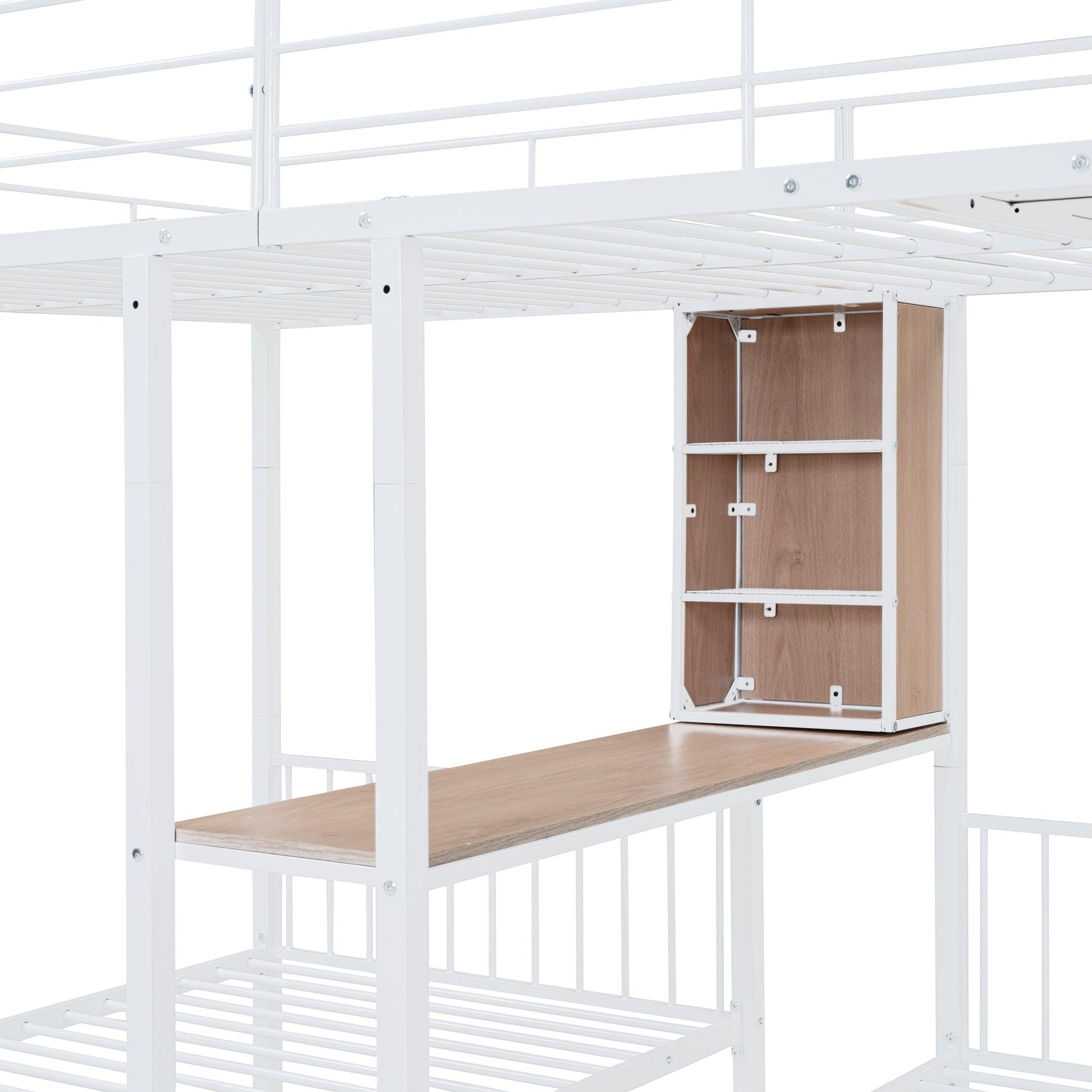 Full Over Twin & Twin Triple Bunk Bed with Drawers, Multi-functional Metal Frame Bed with desks and shelves in the middle, White