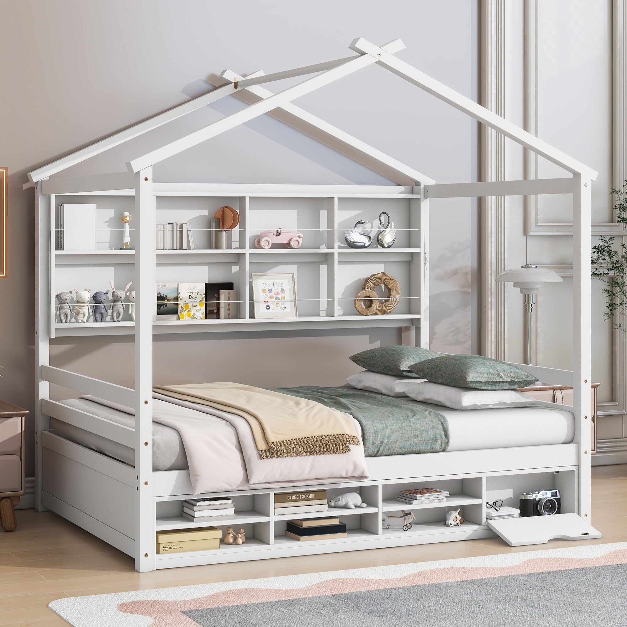 Full House Bed with Roof Frame, Bedside-shelves, Under Bed Storage Unit, White