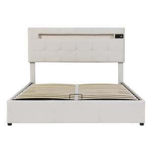 Full Size Upholstered Modern Platform Bed with LED Light and Integrated Bluetooth Audio System with Hydraulic Storage System & USB Port, Beige