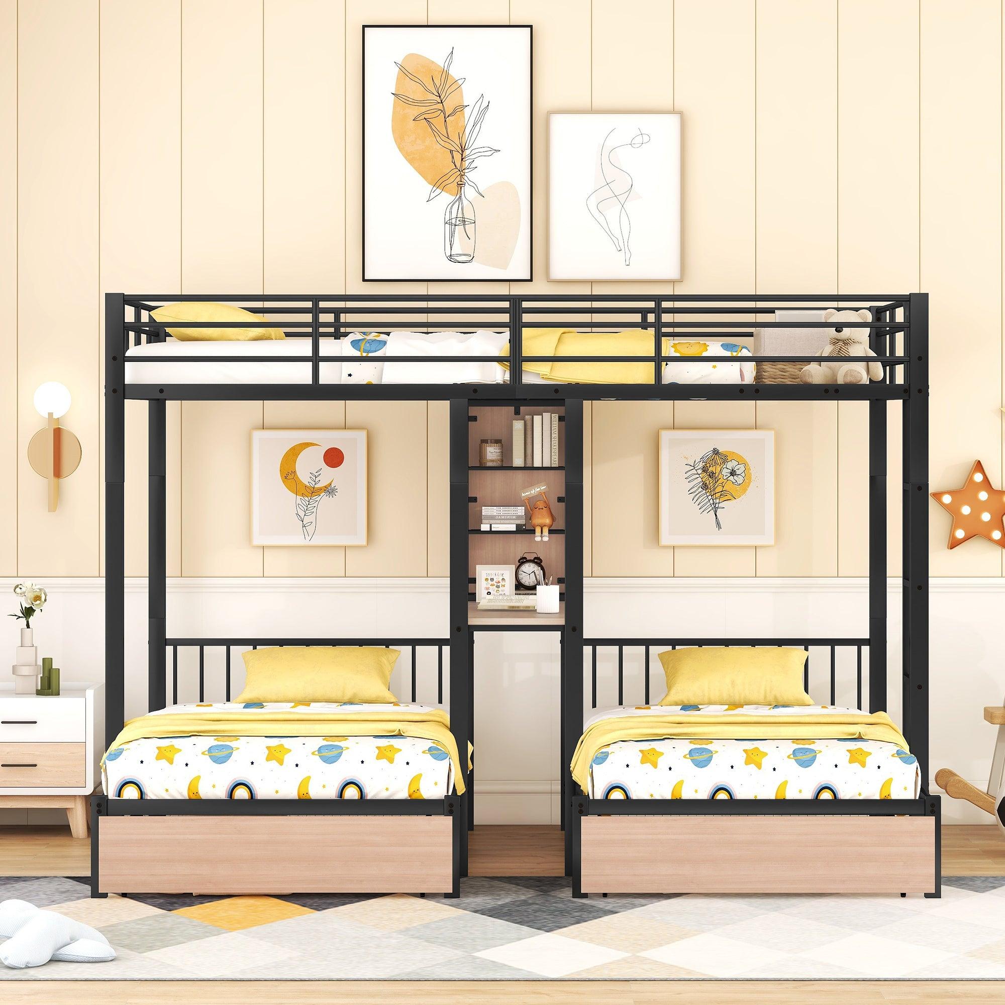 Full Over Twin & Twin Triple Bunk Bed with Drawers, Multi-functional Metal Frame Bed with desks and shelves in the middle, Black