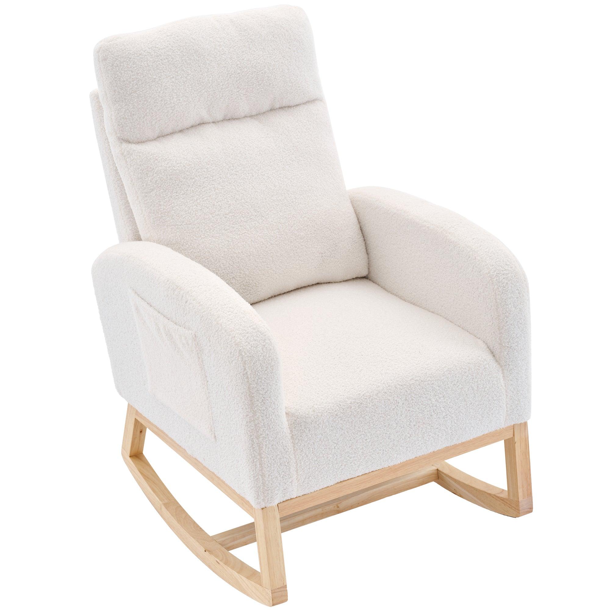 🆓🚛 Modern Accent Rocking Chair With Solid Wood Legs, Upholstered Nursery Glider Rocker, White