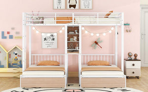 Full Over Twin & Twin Triple Bunk Bed with Drawers, Multi-functional Metal Frame Bed with desks and shelves in the middle, White