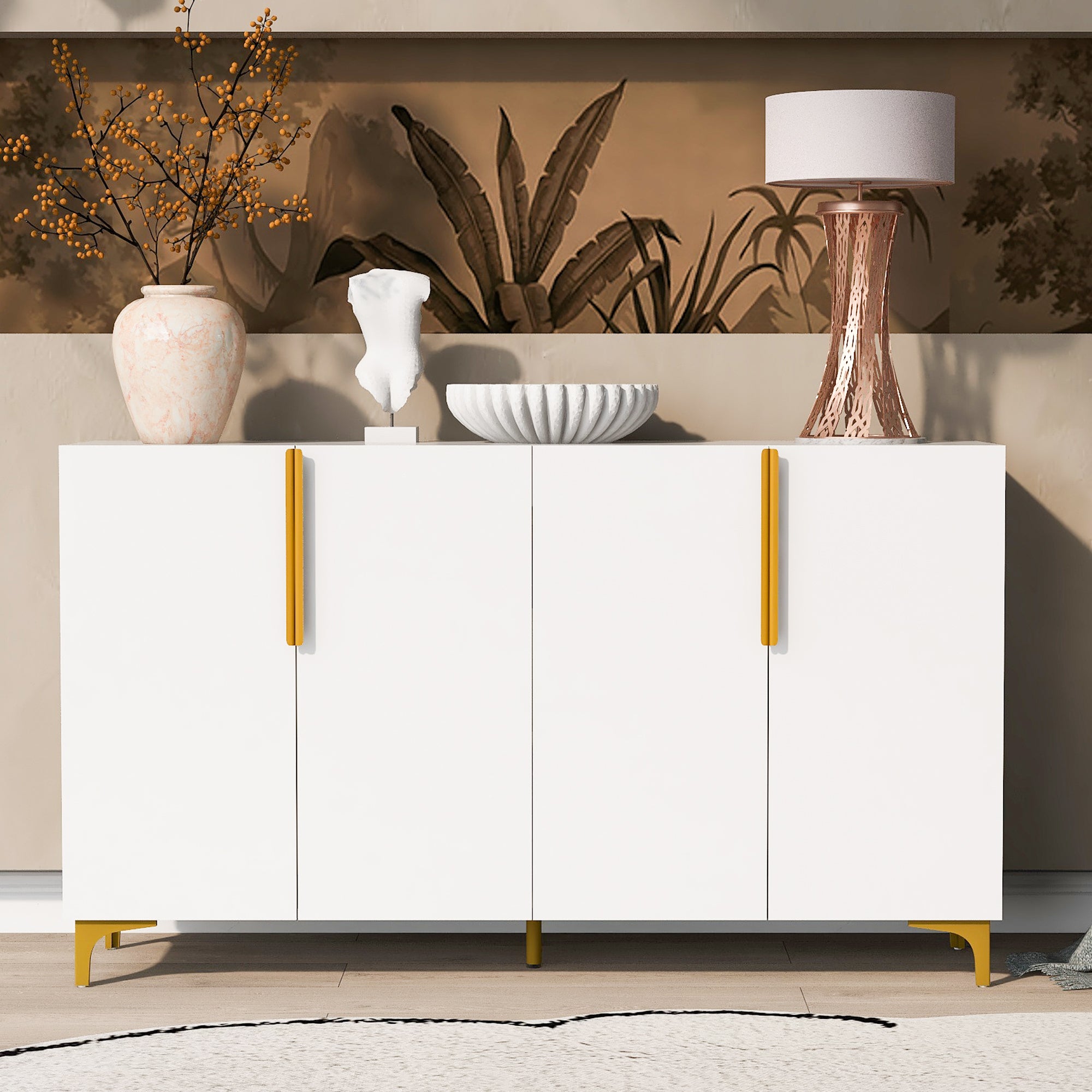 🆓🚛 4-Door Glossy Finish Light Luxury Sideboard Storage Cabinet, Adjustable,  Suitable for Living Room, Study, Hallway, White