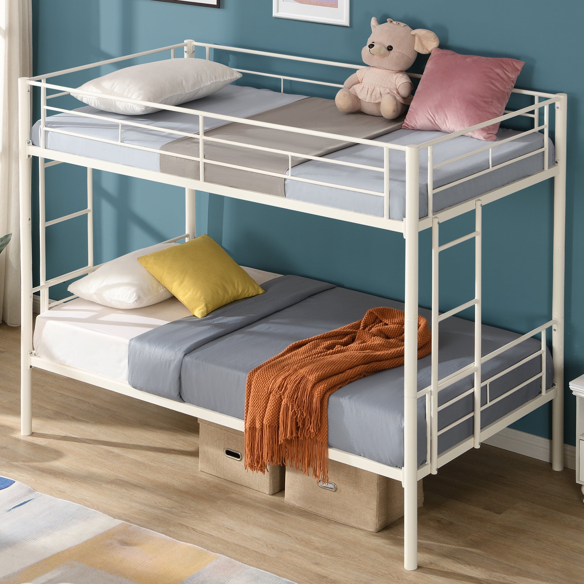 Twin Over Twin Metal Bunk Bed, Metal Structure Bedframe With Safety Guardrails and 2 Ladders, Convertible Bunkbeds, No Spring Box Required and Space Saving Design, White