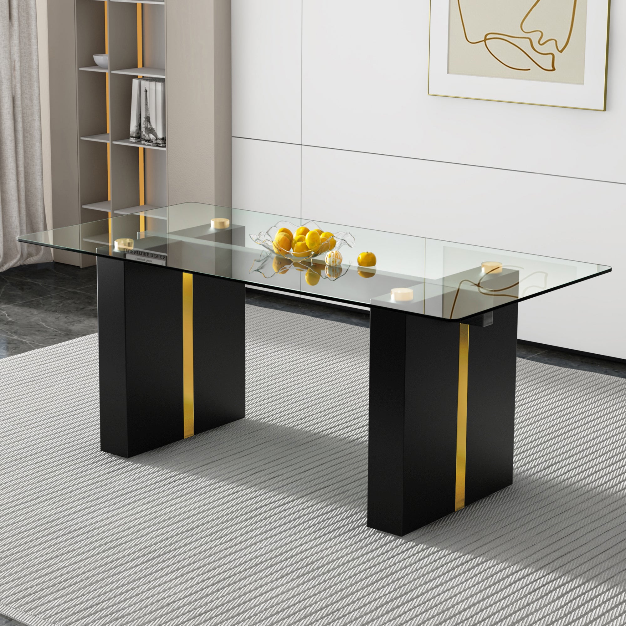 🆓🚛 Large Modern Simple Rectangular Glass Table, Which Can Accommodate 6-8 People, Equipped With 0.39-" Tempered Glass Table Top and Large MDF Legs