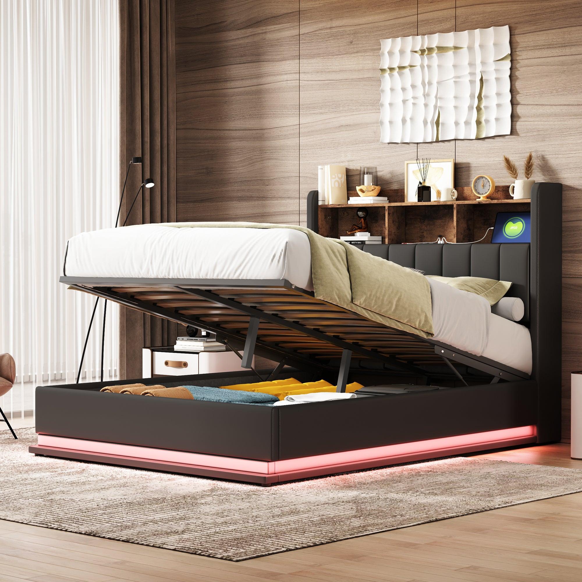 🆓🚛 Full Size Upholstered Platform Bed With Storage Headboard and Hydraulic Storage System, Pu Storage Bed With Led Lights and Usb Charger, Black